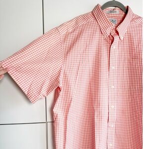 L.L. Bean Mens Orange Gingham Button Front Shirt Short Sleeve Size XL Tall